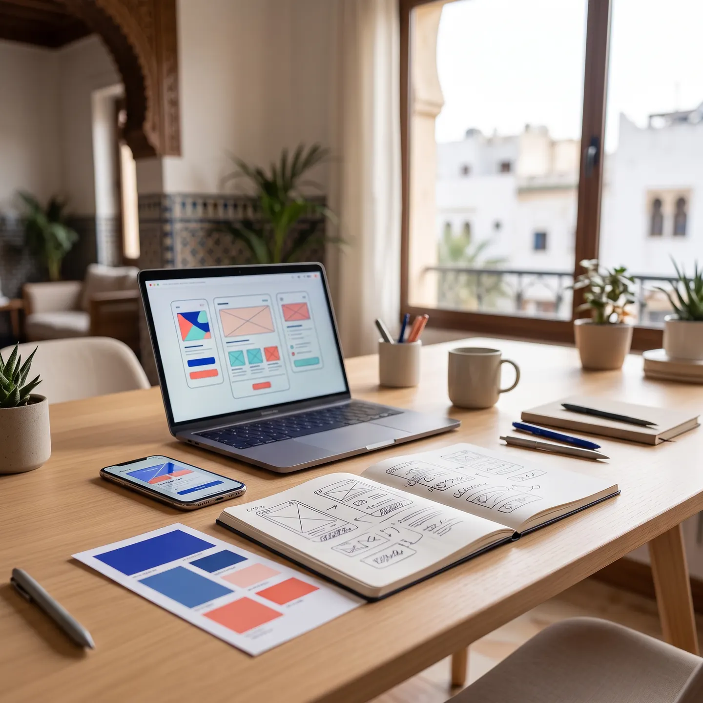 Software development agency desk in Casablanca with a laptop, a smartphone and interface sketches