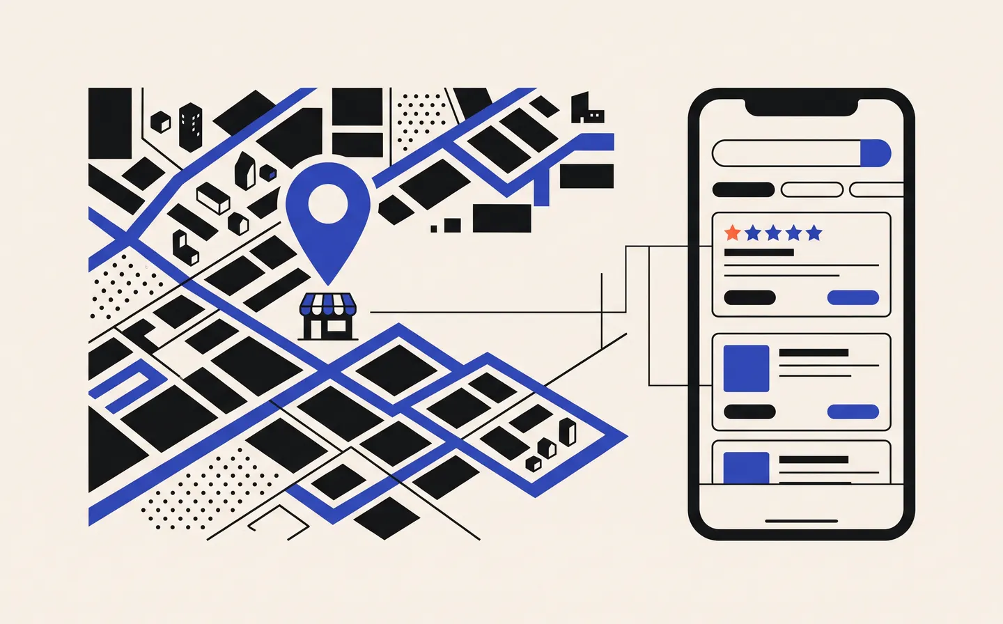 Commerce localisé sur une carte et résultats de recherche locale sur smartphone