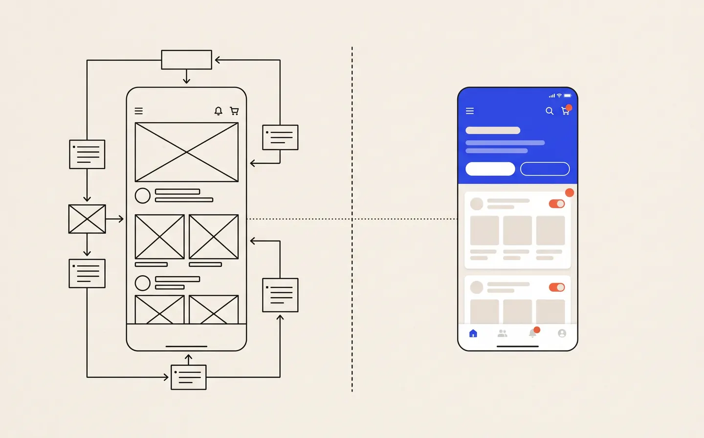 App wireframe compared with its final interface, illustrating the difference between UX and UI